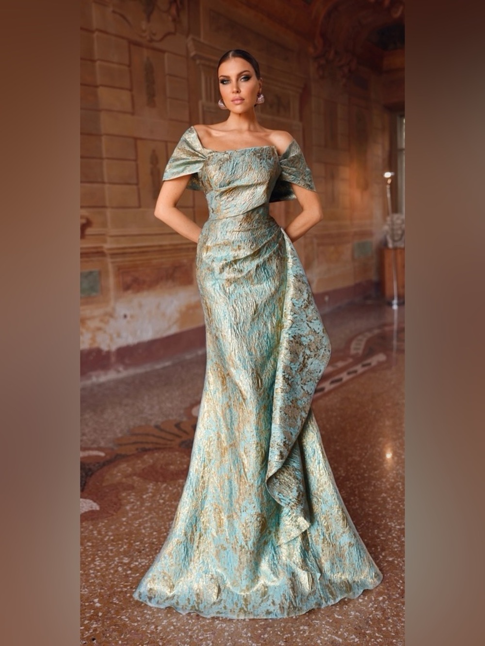 Alyce Paris One-Shoulder Metallic Blue and Gold Evening Gown